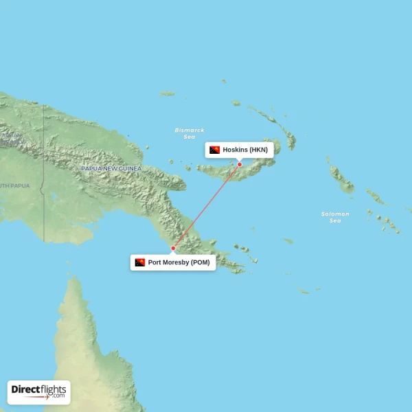 Port Moresby - Hoskins direct flight map