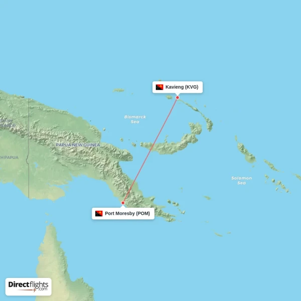 Port Moresby - Kavieng direct flight map