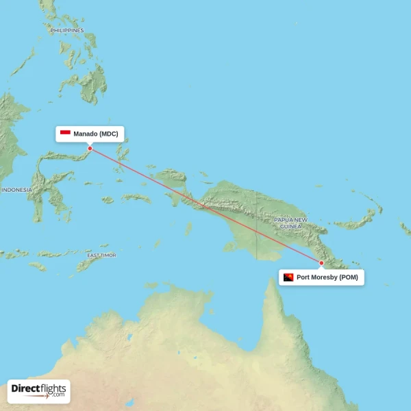 Port Moresby - Manado direct flight map