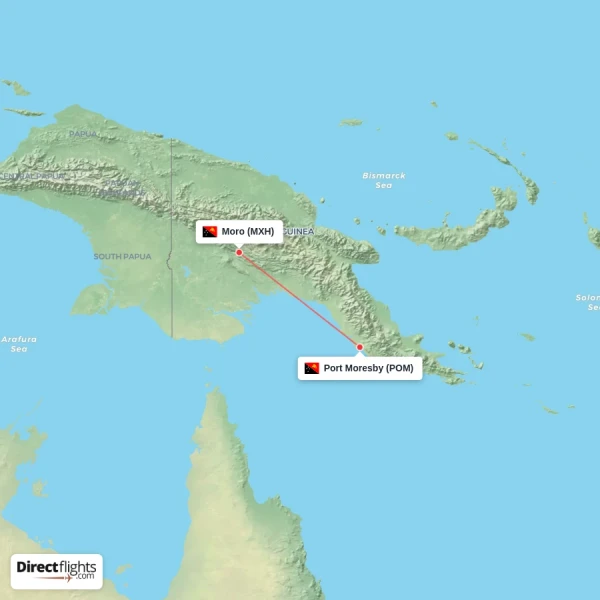 Port Moresby - Moro direct flight map