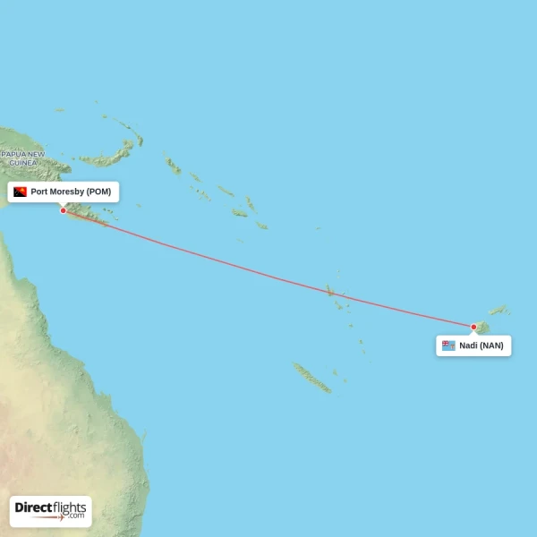 Port Moresby - Nadi direct flight map
