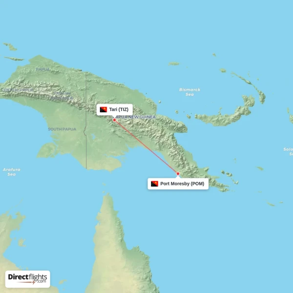 Port Moresby - Tari direct flight map