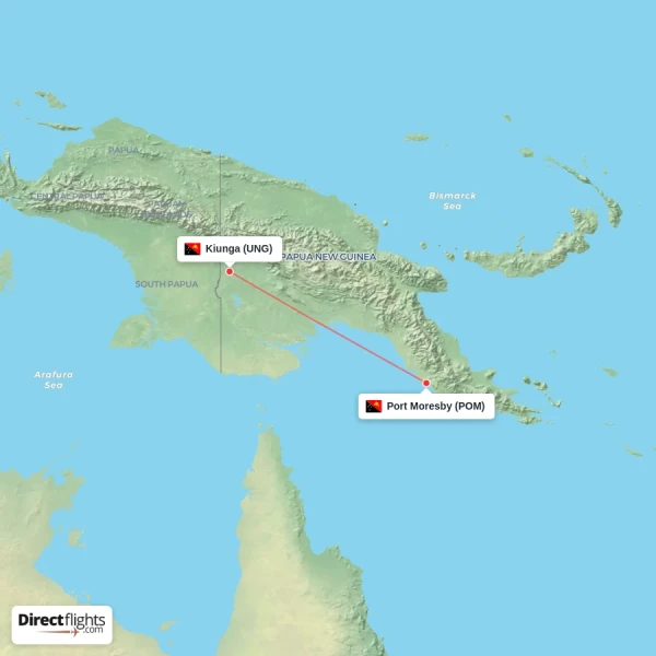 Port Moresby - Kiunga direct flight map