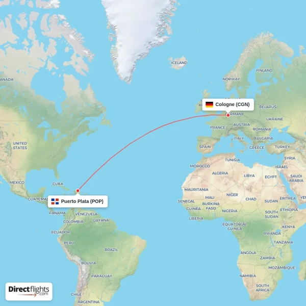 Puerto Plata - Cologne direct flight map