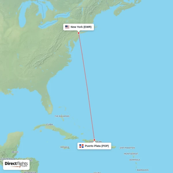 Puerto Plata - New York direct flight map