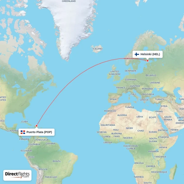Puerto Plata - Helsinki direct flight map