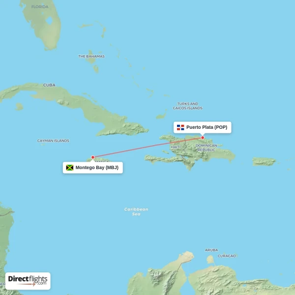 Puerto Plata - Montego Bay direct flight map