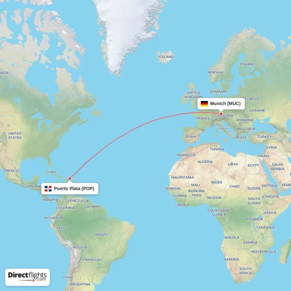 Puerto Plata - Munich direct flight map