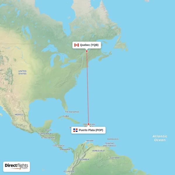 Puerto Plata - Quebec direct flight map