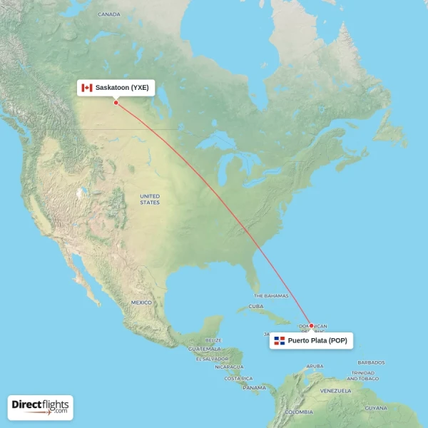 Puerto Plata - Saskatoon direct flight map
