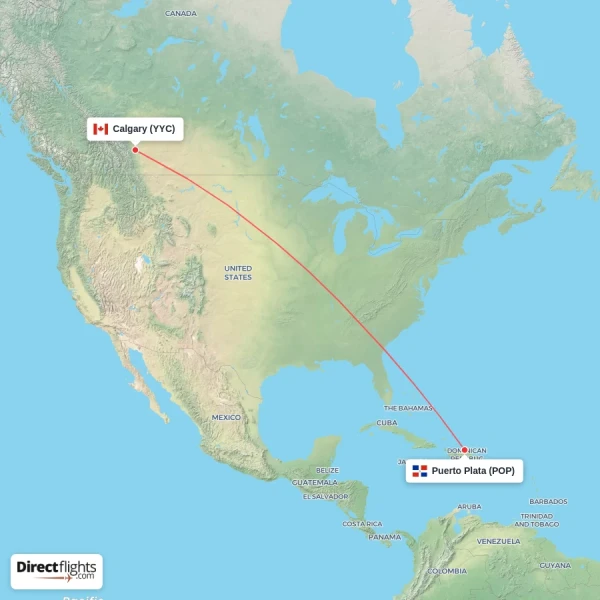 Puerto Plata - Calgary direct flight map
