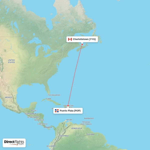 Puerto Plata - Charlottetown direct flight map