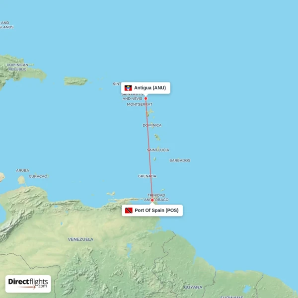 Port Of Spain - Antigua direct flight map