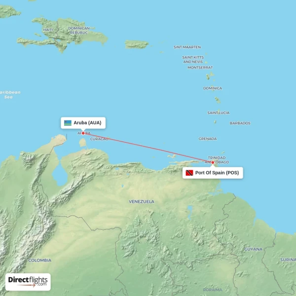 Port Of Spain - Aruba direct flight map