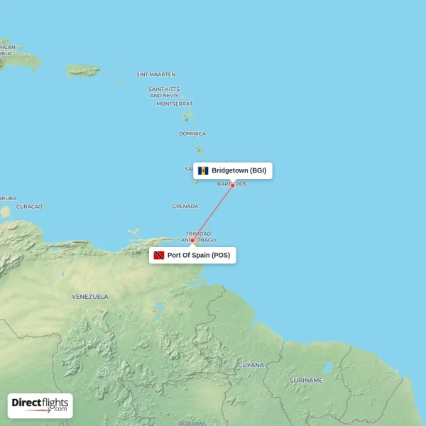 Port Of Spain - Bridgetown direct flight map