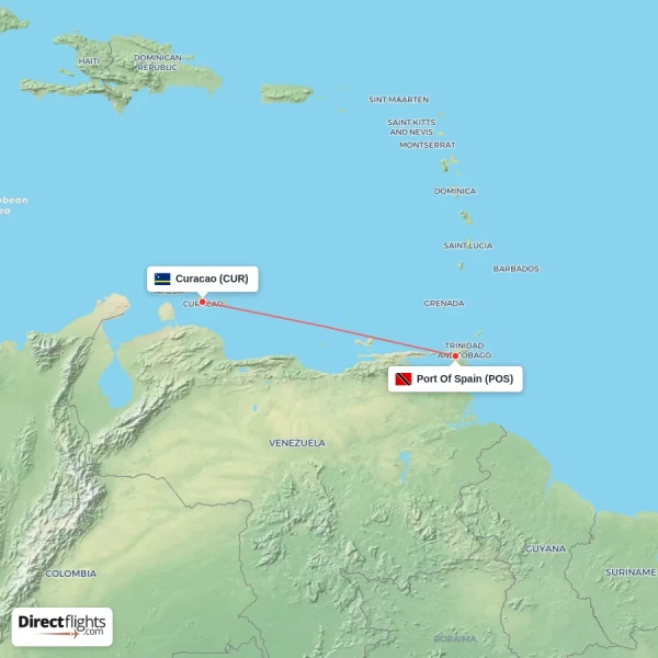 Port Of Spain - Curacao direct flight map