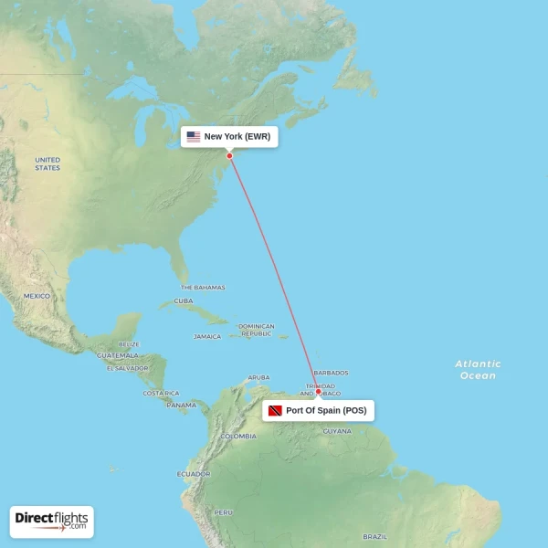 Port Of Spain - New York direct flight map