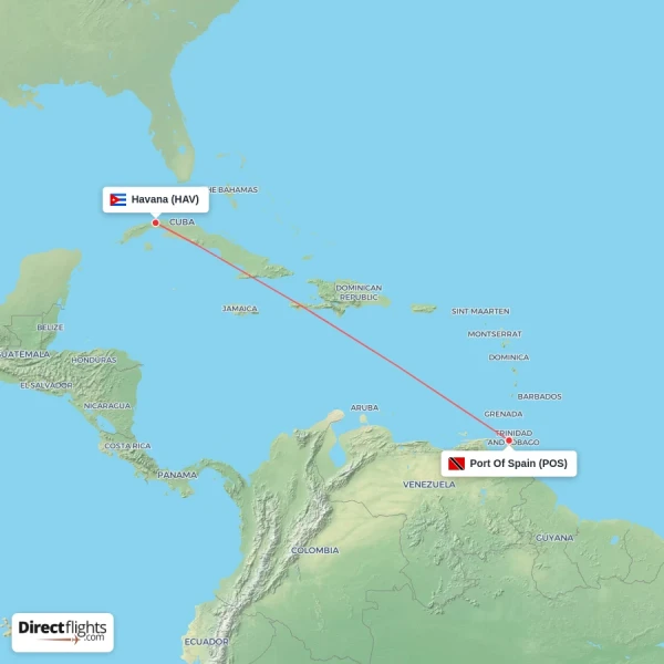 Port Of Spain - Havana direct flight map
