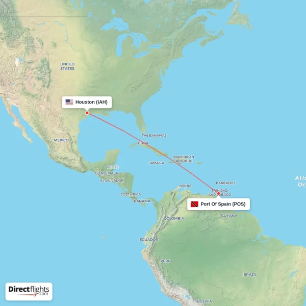 Port Of Spain - Houston direct flight map