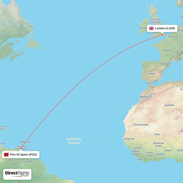 Port Of Spain - London direct flight map