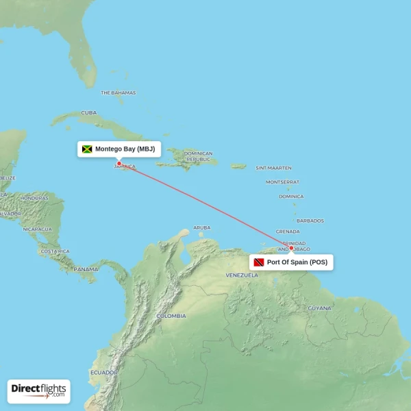 Port Of Spain - Montego Bay direct flight map