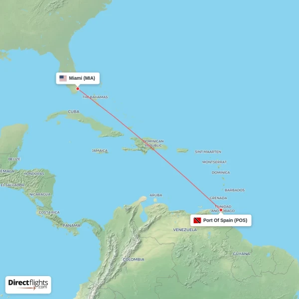 Port Of Spain - Miami direct flight map