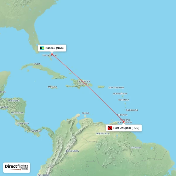 Port Of Spain - Nassau direct flight map