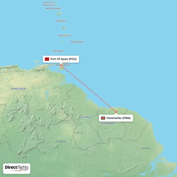 Port Of Spain - Paramaribo direct flight map