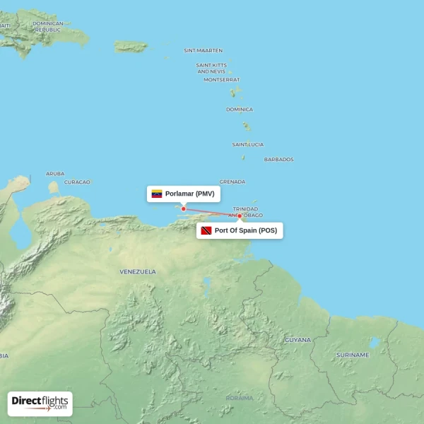 Port Of Spain - Porlamar direct flight map