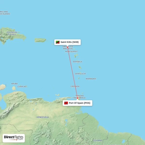Port Of Spain - Saint Kitts direct flight map