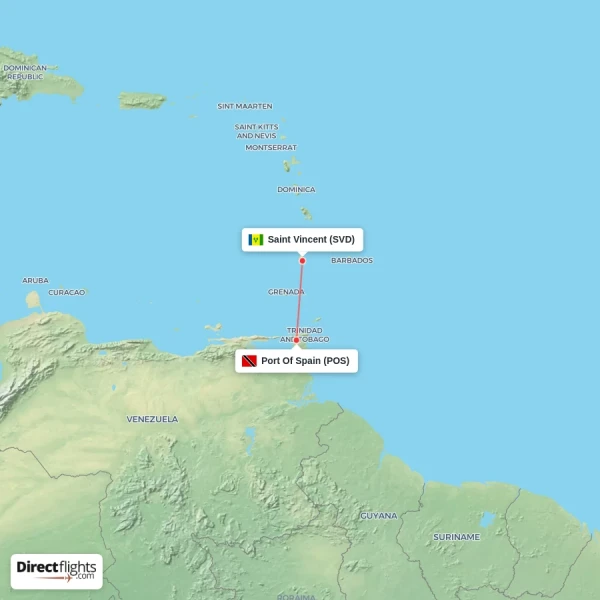 Port Of Spain - Saint Vincent direct flight map