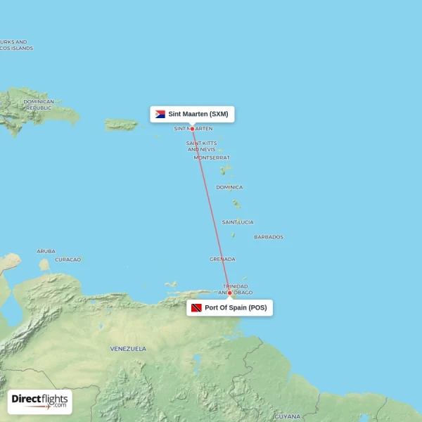 Port Of Spain - Sint Maarten direct flight map