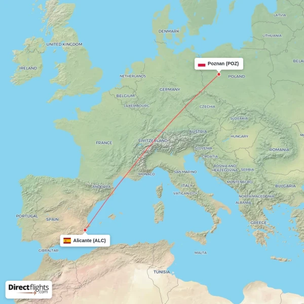 Poznan - Alicante direct flight map
