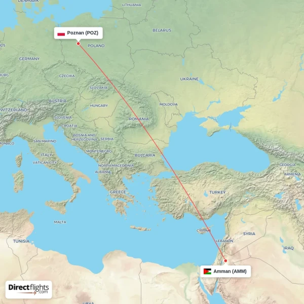 Poznan - Amman direct flight map