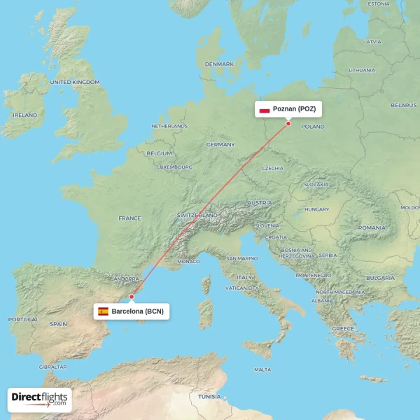Poznan - Barcelona direct flight map