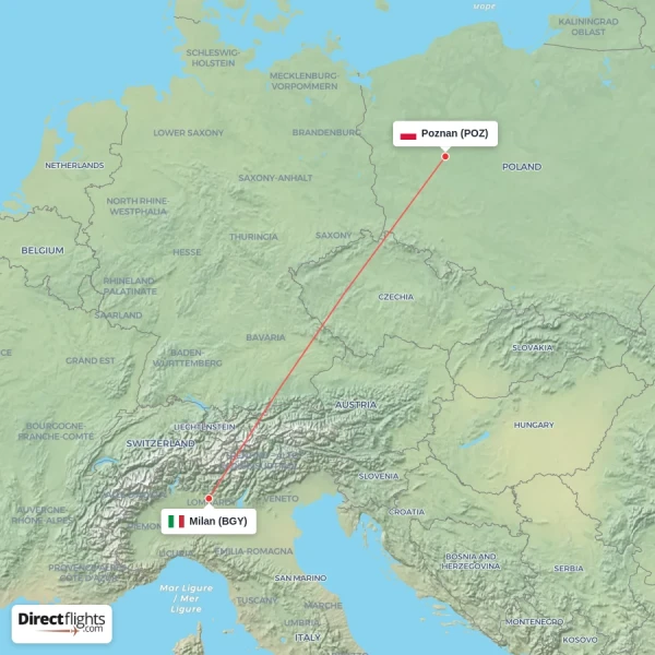 Poznan - Milan direct flight map