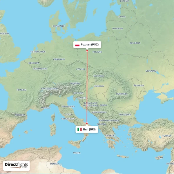 Poznan - Bari direct flight map