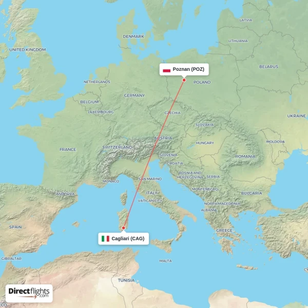 Poznan - Cagliari direct flight map