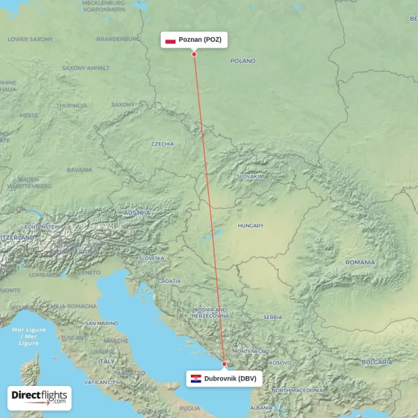 Poznan - Dubrovnik direct flight map