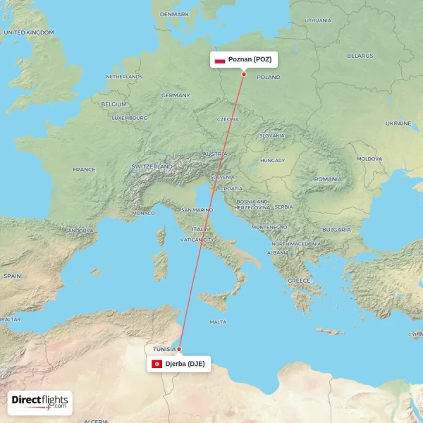 Poznan - Djerba direct flight map