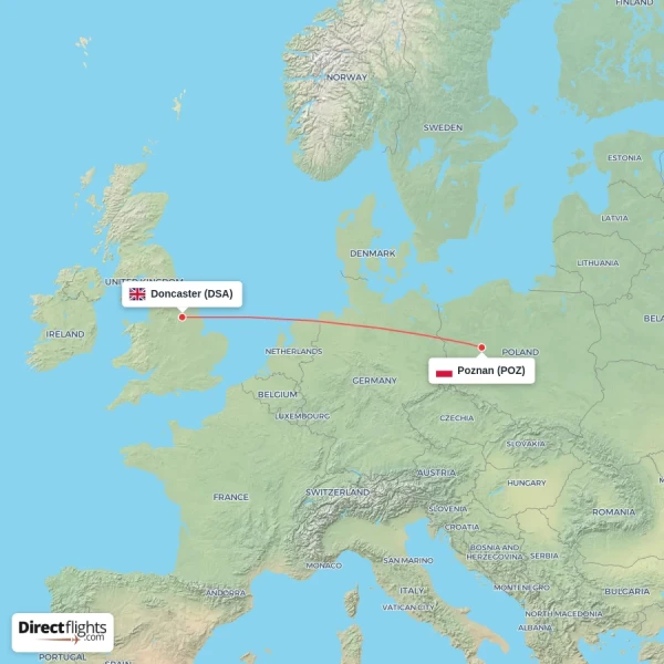 Poznan - Doncaster direct flight map