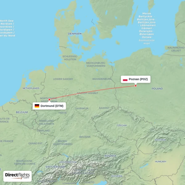 Poznan - Dortmund direct flight map