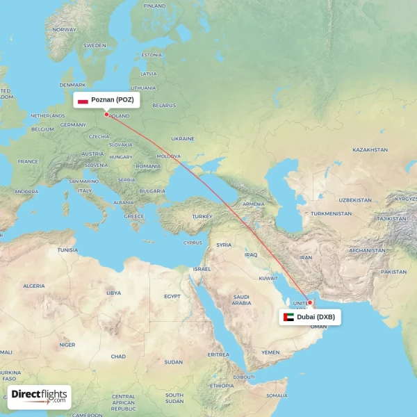 Poznan - Dubai direct flight map