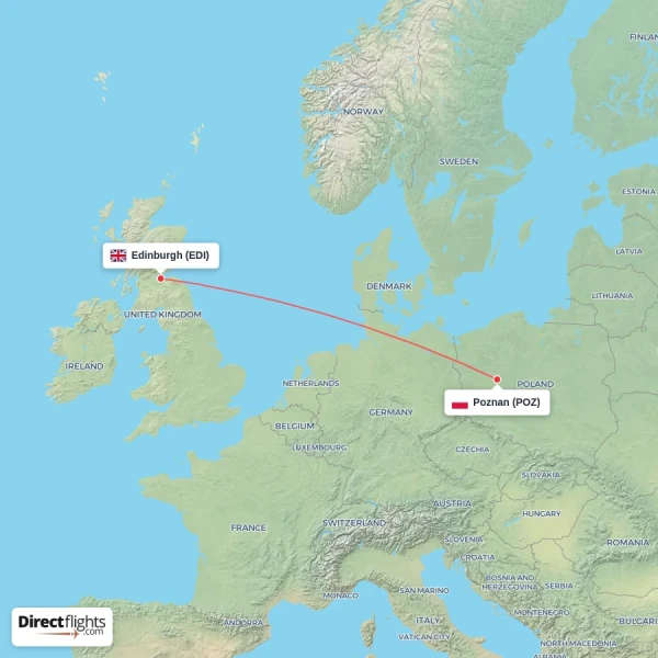 Poznan - Edinburgh direct flight map