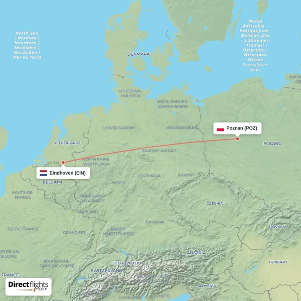 Poznan - Eindhoven direct flight map
