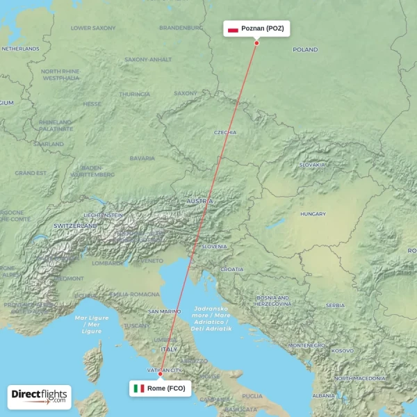 Poznan - Rome direct flight map