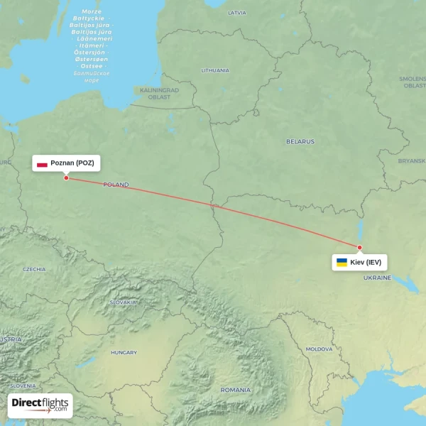 Poznan - Kiev direct flight map