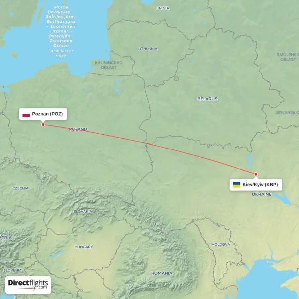 Poznan - Kiev/Kyiv direct flight map