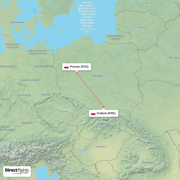 Poznan - Krakow direct flight map