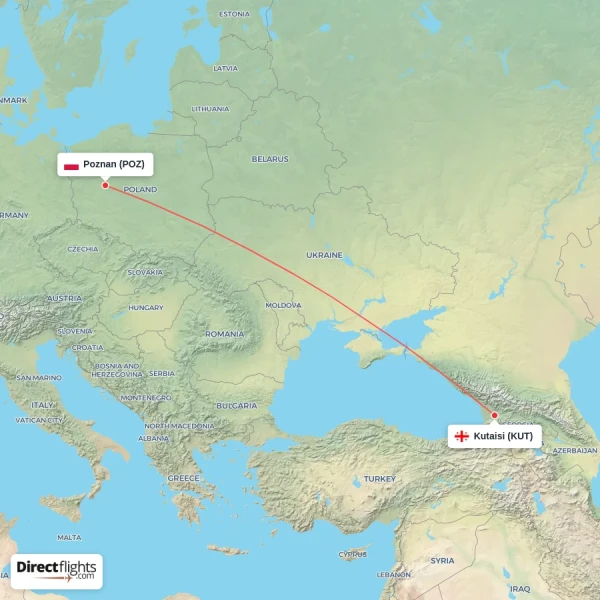 Poznan - Kutaisi direct flight map